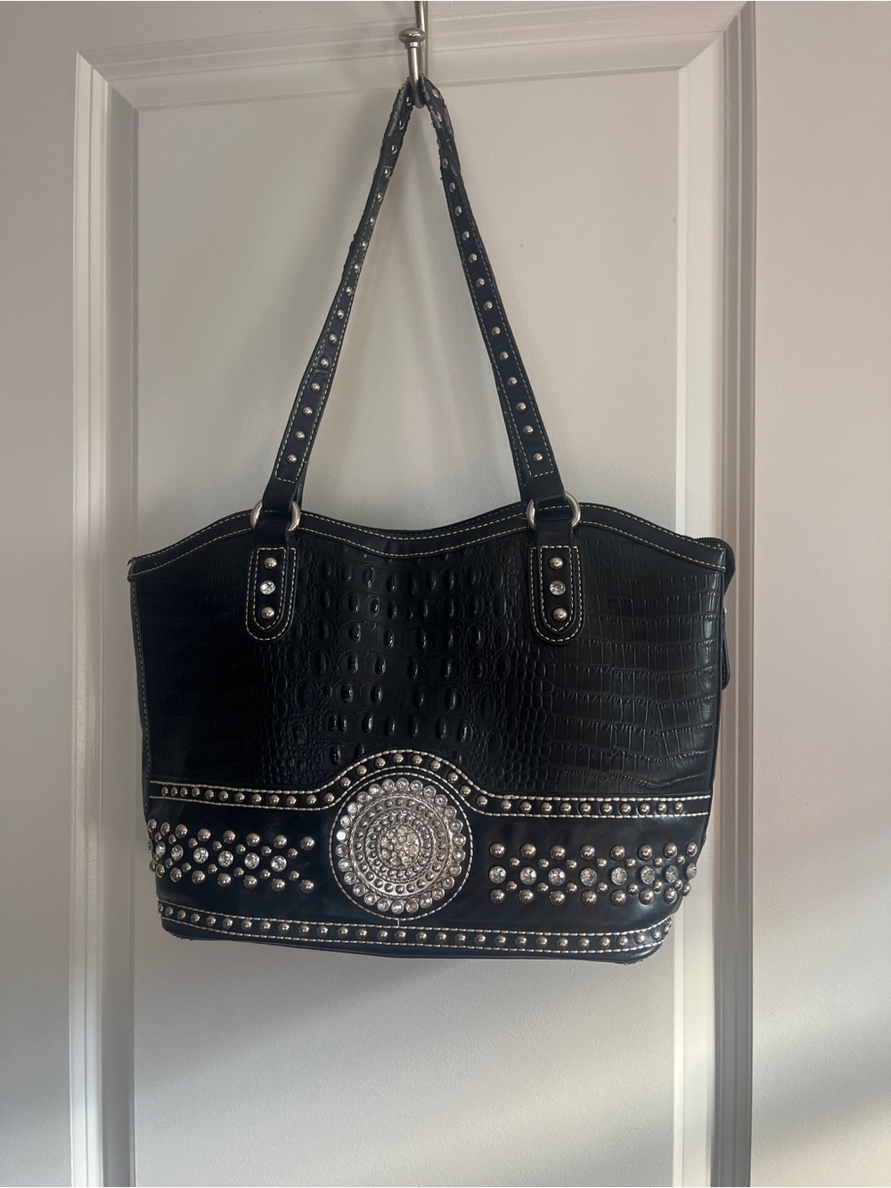 Blazin Roxx Black Faux-Croc Tote with Silver Concho and Studs